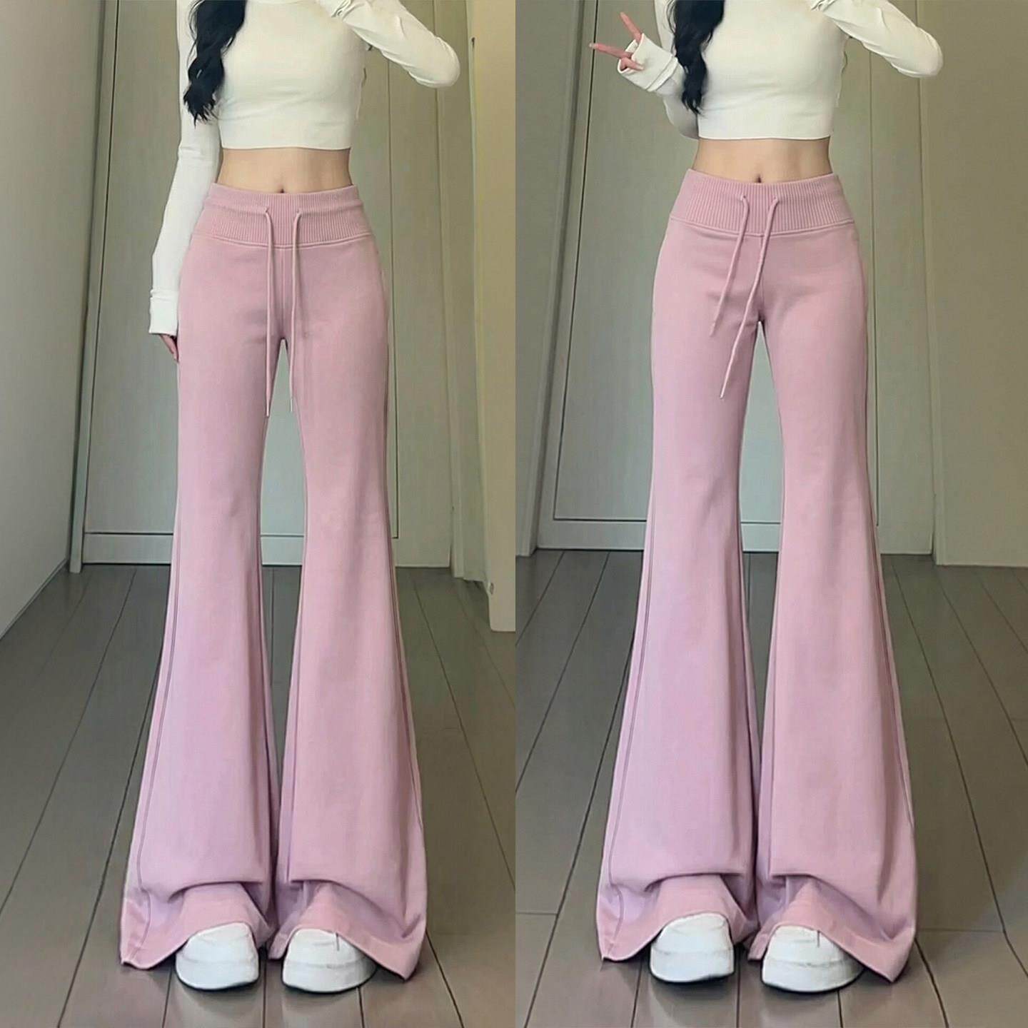 喇叭运动裤女新款春季高腰显瘦修身垂感马蹄裤小个子微喇卫裤