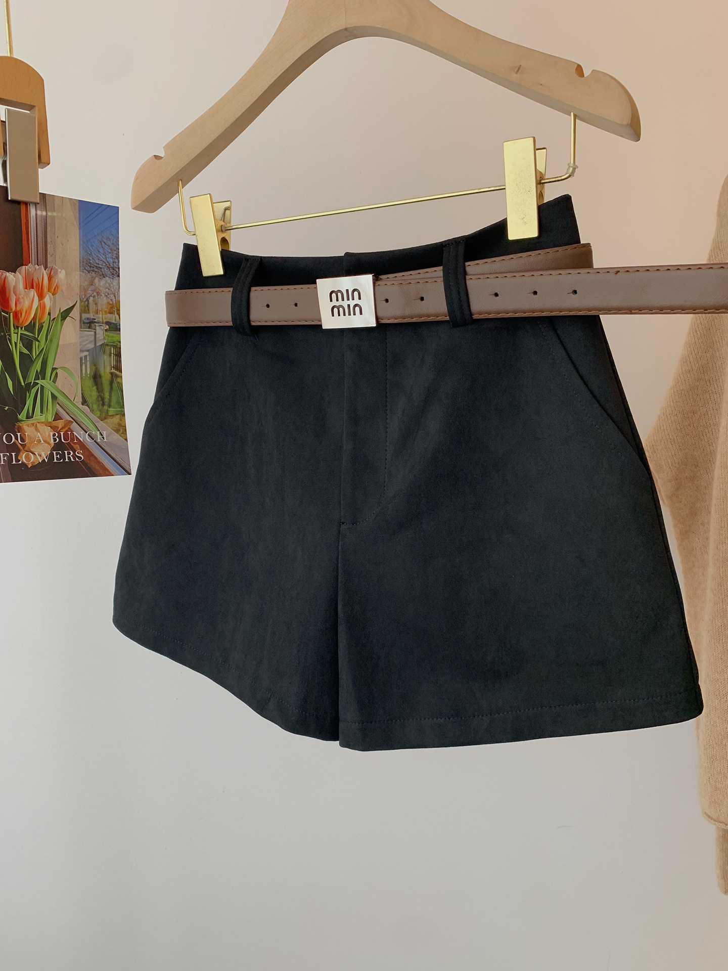 Slimming High-Waisted Suede Shorts for Women, New Autumn and Winter Straight-Leg A-Line Wide-Leg Pants, Black Outerwear Boot Shorts, Plus Size