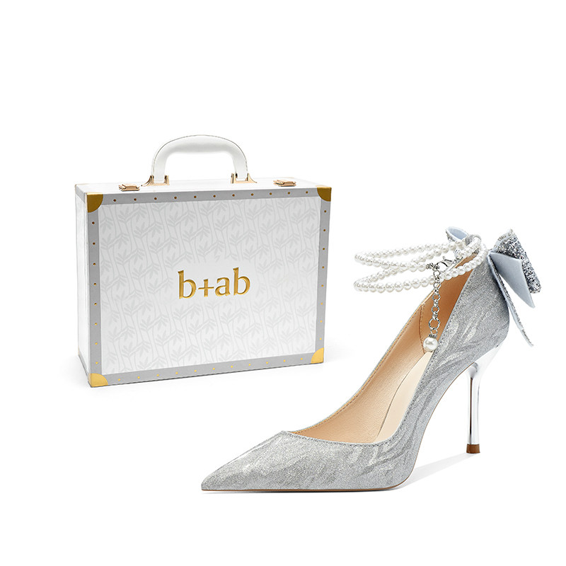 it b+ab2025银色新款水晶婚鞋婚纱珍珠链蝴蝶结新娘气质细高跟鞋