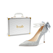 it b+ab2025银色新款水晶婚鞋婚纱珍珠链蝴蝶结新娘气质细高跟鞋