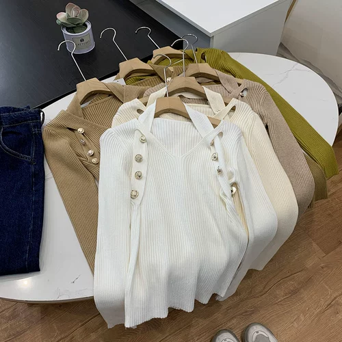 Осенний трикотажный свитер, базовый приятный телу лонгслив, V-образный вырез, в западном стиле