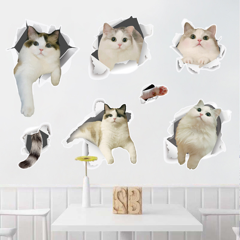 3d立体卡通小猫墙贴画墙画创意自贴纸墙面动物壁纸装饰图片翻新门图片