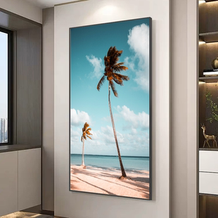 海边椰子树风景玄关装饰画晶瓷竖版轻奢镶钻走廊挂画