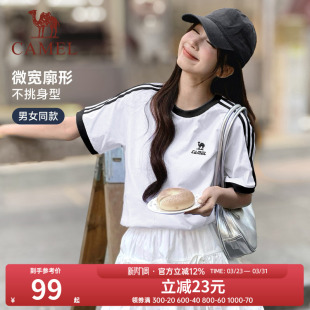 骆驼柔绵T神春夏季 圆领情侣复古宽松运动休闲上衣男 棉t恤女短袖