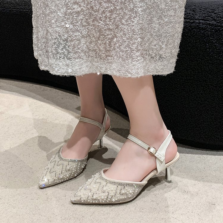 法式小凉鞋女2025夏新款一字带水钻包头高跟鞋尖头高级感中跟单鞋