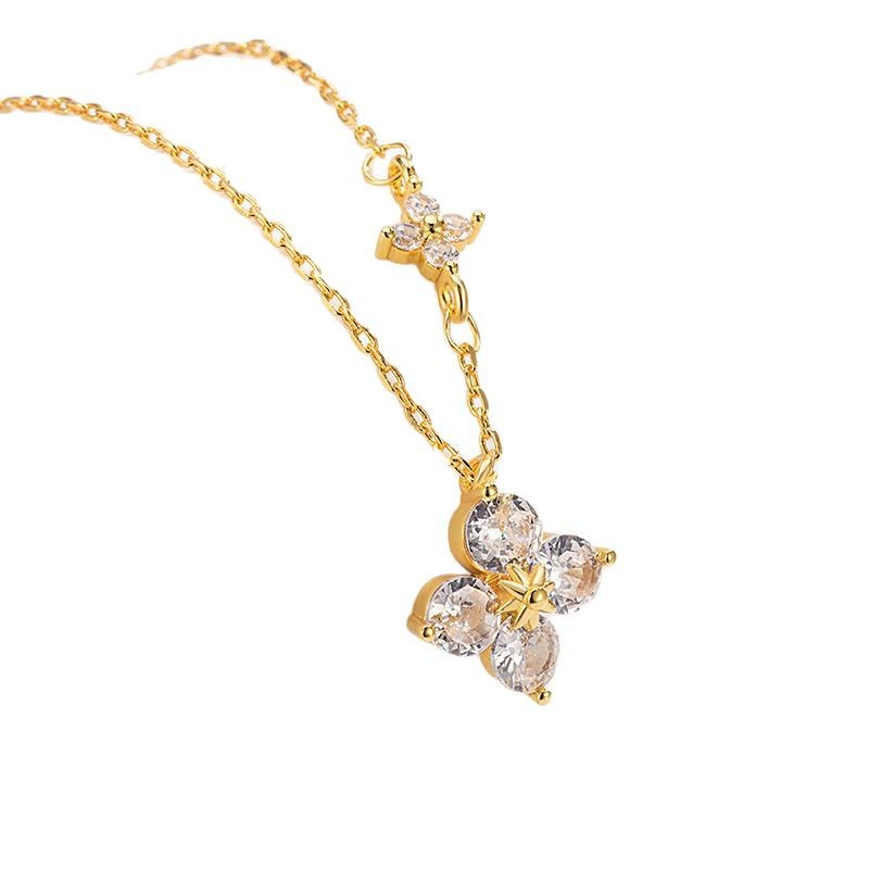 新款金色花朵吊坠项链幸运草