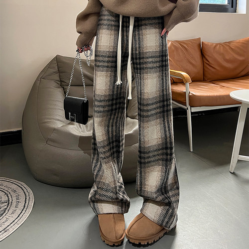蜜略复古格子休闲裤女春秋冬季