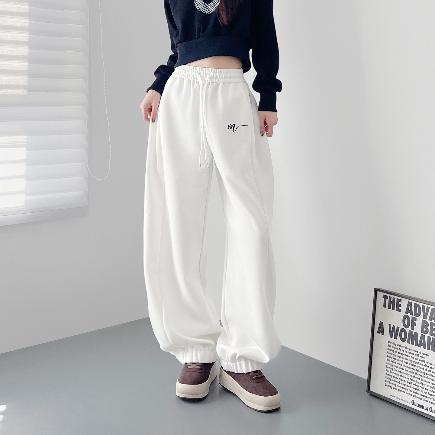 蜜略大码宽松胖MM秋季纯色阔腿裤