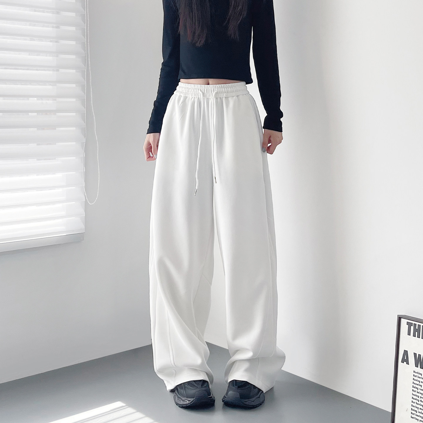 白色慵懒风软糯垂感阔腿裤女秋季大码胖mm显瘦宽松高腰运动休闲裤,女装/女士精品,大码裤装,淘宝优惠券,粉丝福利购,淘宝优惠卷
