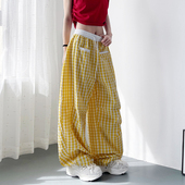 撞色拼接格子阔腿裤 女夏季 胖ｍｍ宽松显瘦跳舞酷飒运动工装 大码 裤