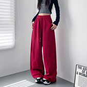 胖mm显瘦加绒阔腿红色卫裤 美式 新款 大码 高腰抽绳运动裤 女2025冬季