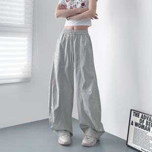 高腰抽绳通勤百搭休闲运动裤 胖mm极简风灰色弯刀裤 大码 新款 女夏季