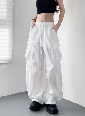 白色不透机能风伞兵裤大码胖mm2026夏季新款薄款高腰工装阔腿长裤