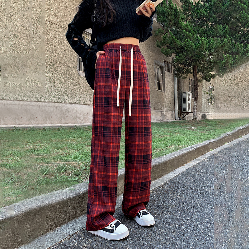 蜜略复古红色格子高腰阔腿裤女