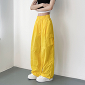 运动直筒裤 黄色多巴胺阔腿裤 休闲裤 冰丝薄款 女夏大码 胖mm宽松工装