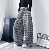 新款 高腰格子阔腿裤 女大码 2025秋季 胖mm微胖显瘦垂感软糯拖地裤 子