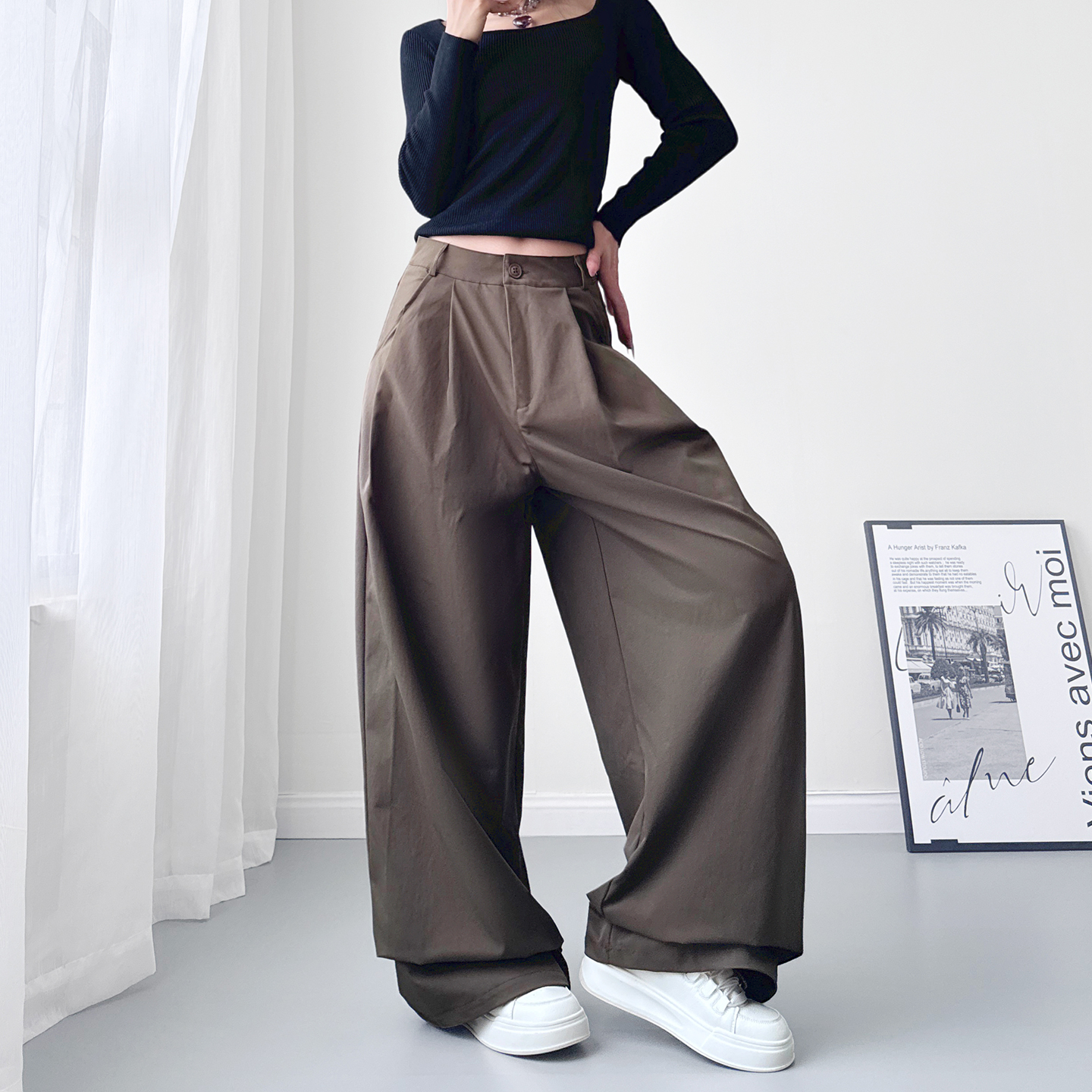 蜜略大码宽松胖MM秋季纯色阔腿裤