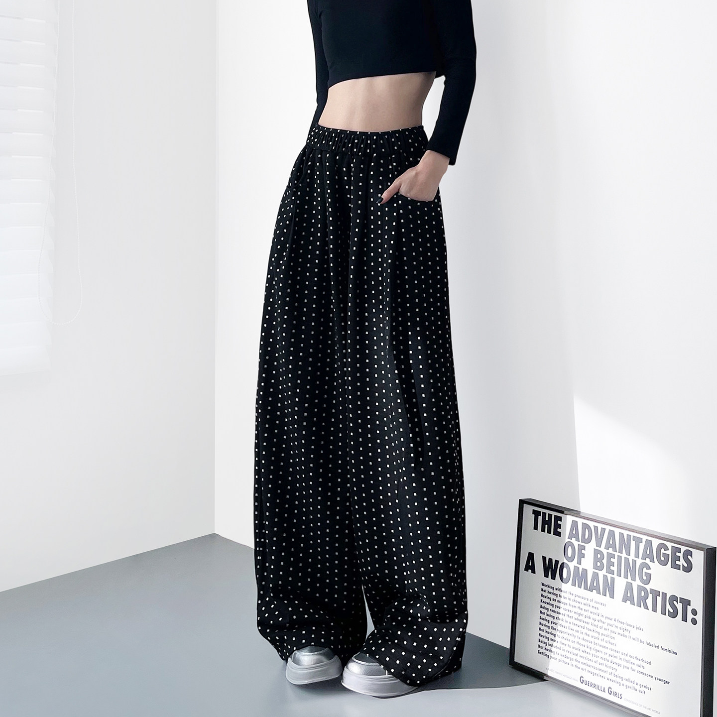 大码高腰设计感波点阔腿裤女春季新款胖mm显瘦遮肉宽松垂感休闲裤