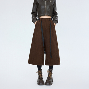 大码显瘦灯芯绒阔腿七分裤女冬季梨型身材老钱风胖mm藏肉直筒裤子