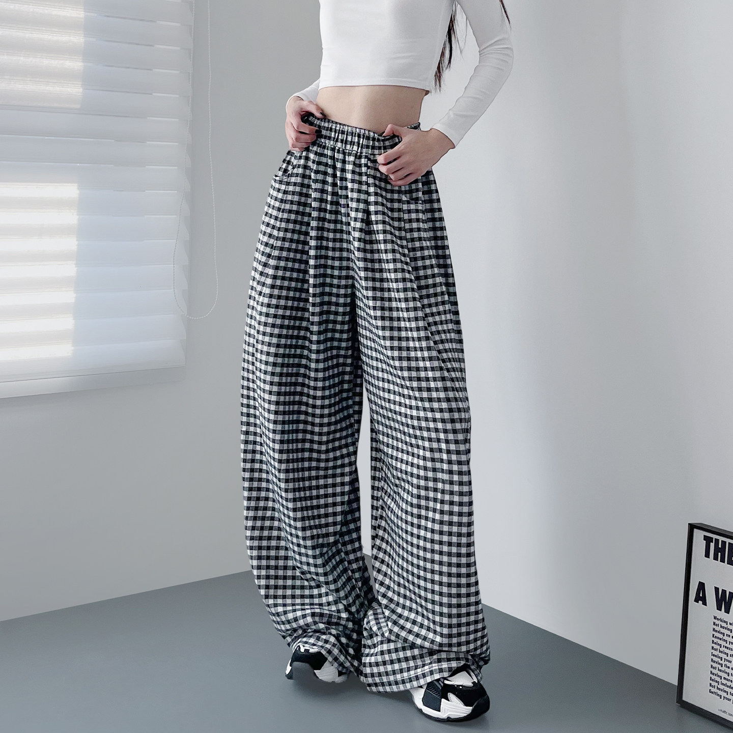 大码高腰格子慵懒风软糯阔腿裤女2026春季胖mm微胖显瘦垂感拖地裤,女装/女士精品,大码裤装,淘宝优惠券,粉丝福利购,淘宝优惠卷