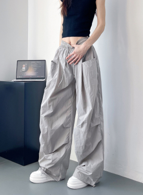 灰色冰丝速干工装裤女夏季大码胖mm宽松显瘦阔腿裤高腰抽绳直筒裤