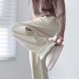 胖mm保暖不臃肿阔腿裤 大码 女冬季 仿羊绒米白色加绒加厚奶芙糯米裤