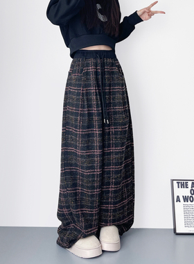 大码冬季设计感格纹毛呢香蕉弯刀裤女胖mm慵懒抗冻垂感羊毛阔腿裤