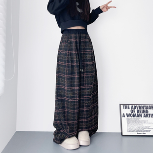 女胖mm慵懒抗冻垂感羊毛阔腿裤 设计感格纹毛呢香蕉弯刀裤 冬季 大码