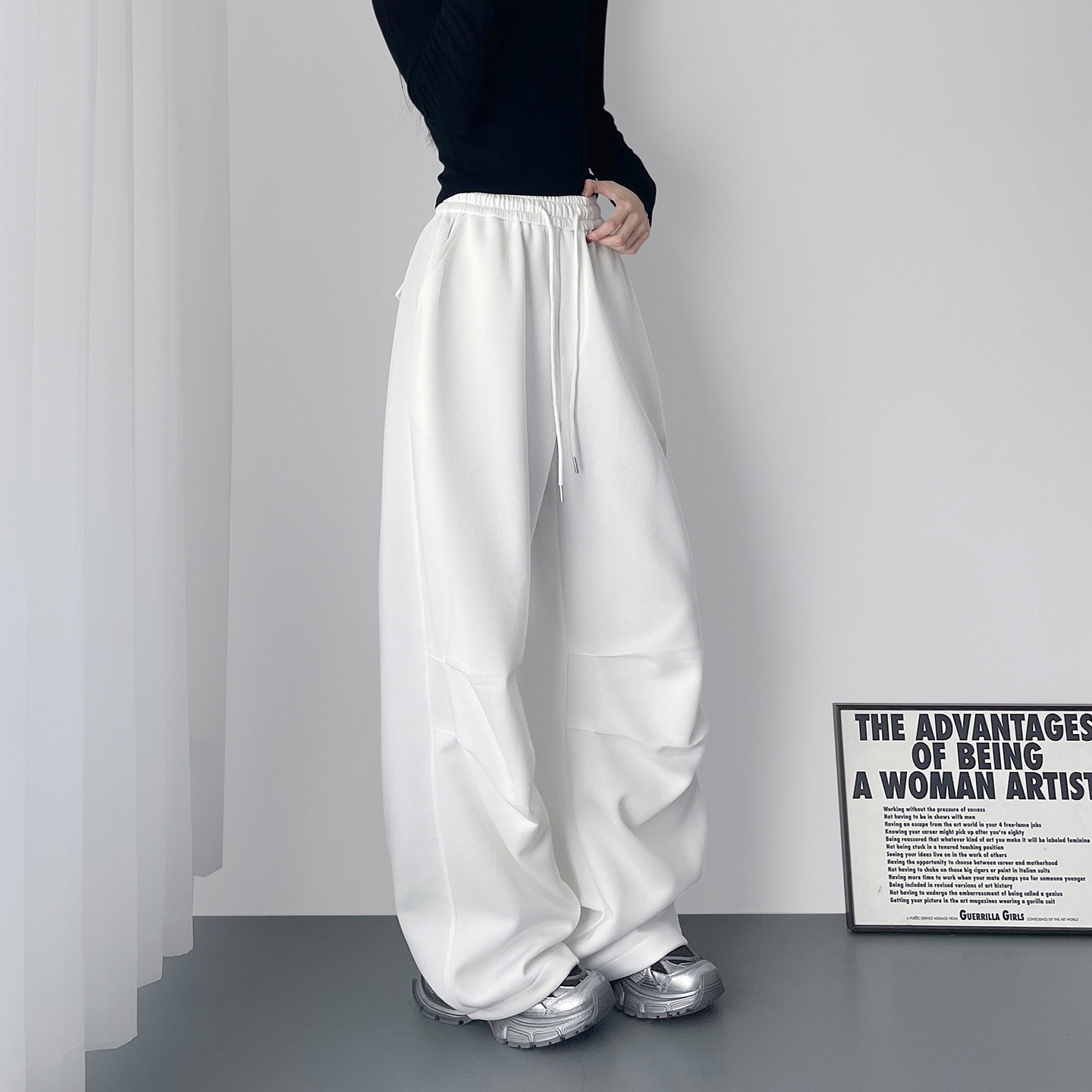 大码白色高腰慵懒风压褶休闲卫裤女春季新款大码胖mm显瘦阔腿裤子,女装/女士精品,大码裤装,淘宝优惠券,粉丝福利购,淘宝优惠卷