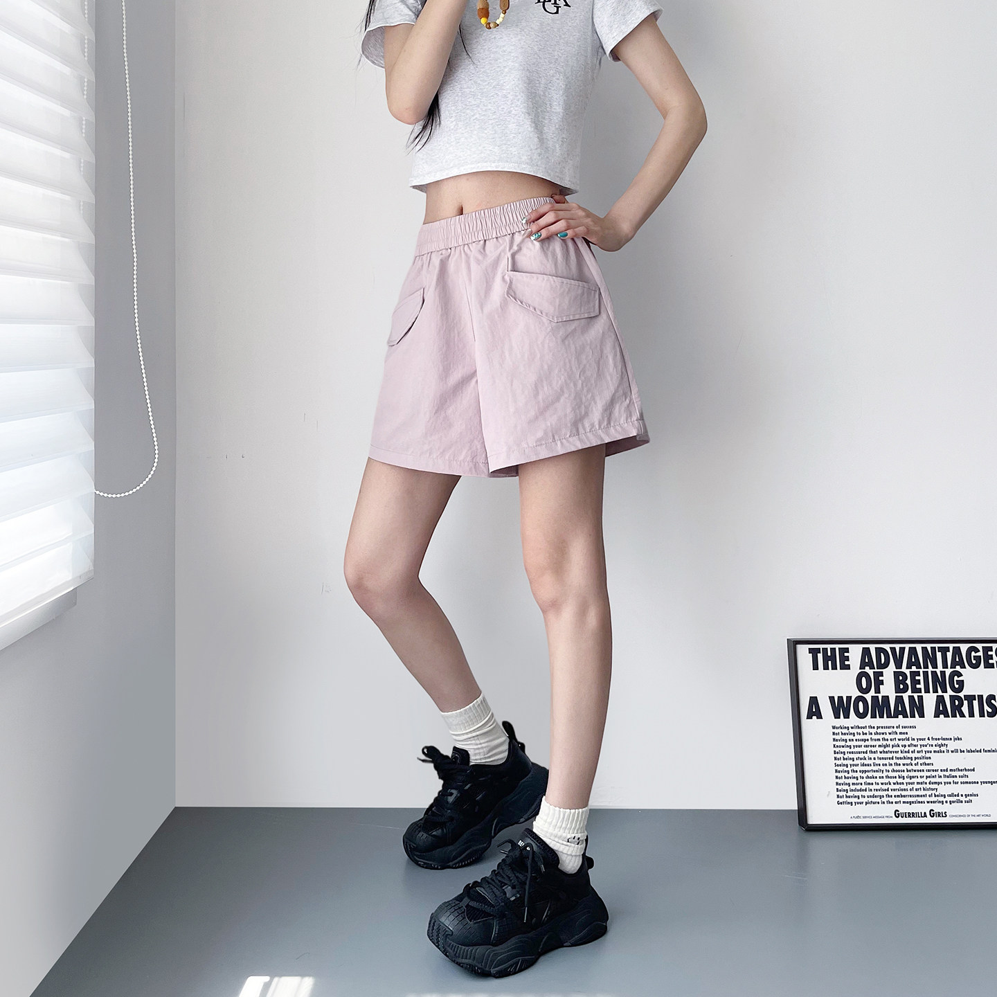 夏季粉色大口袋大码工装短裤女高腰宽松遮肉显腿长运动休闲三分裤