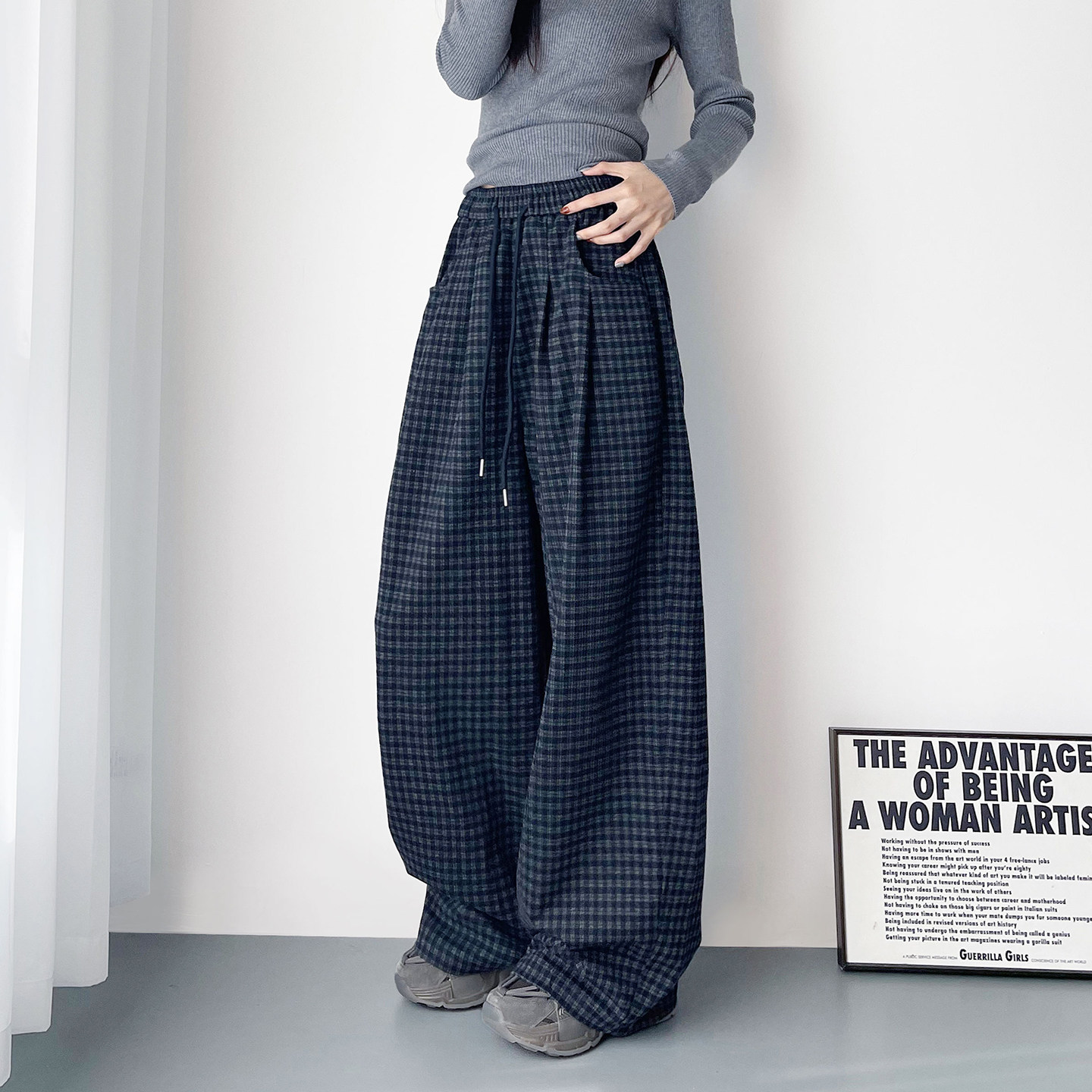 大码显瘦宽松设计感格子阔腿裤女春季新款胖mm慵懒风运动休闲长裤,女装/女士精品,大码裤装,淘宝优惠券,粉丝福利购,淘宝优惠卷