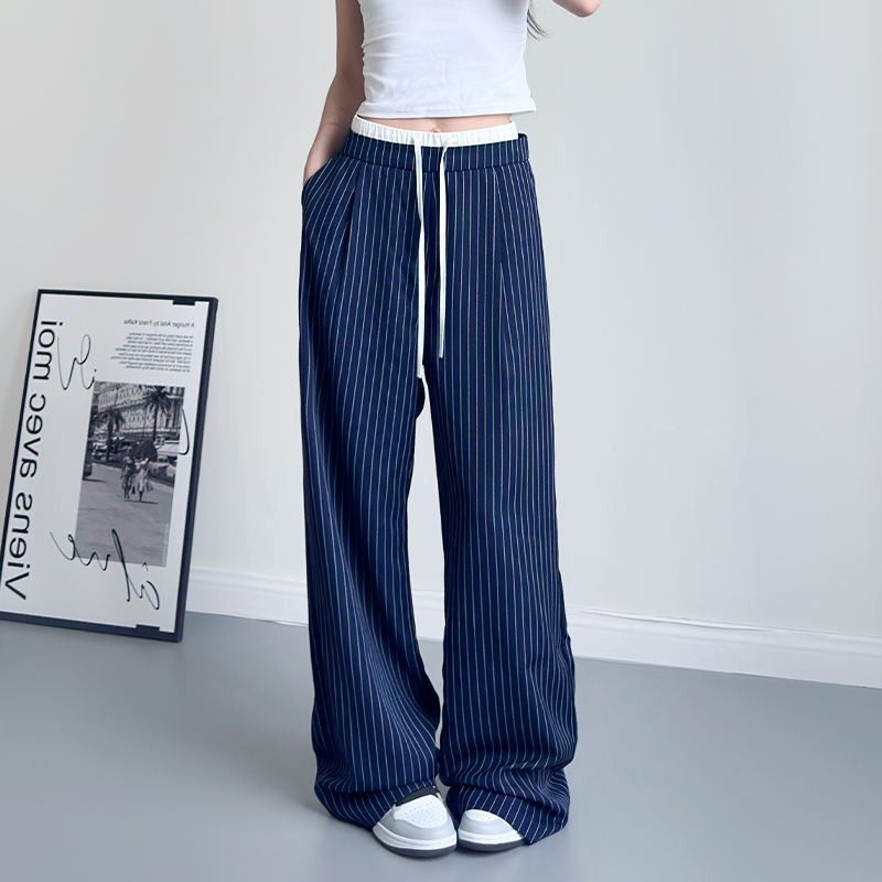 蜜略大码条纹阔腿裤梨型身材遮肉
