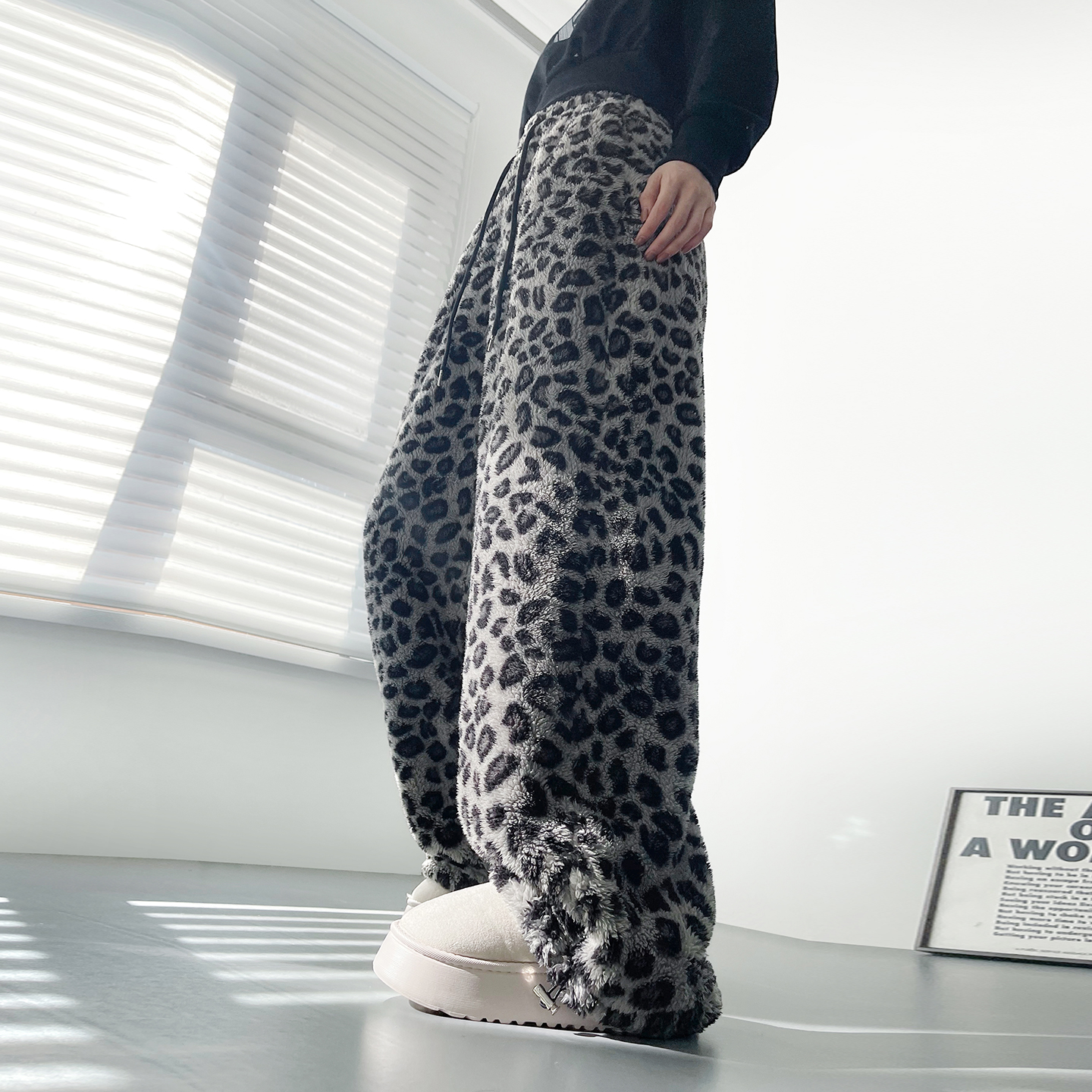 蜜略大码宽松胖MM冬季豹纹阔腿裤