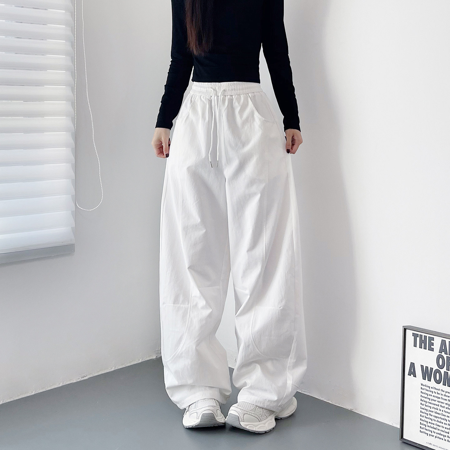 大码白色垂感压褶直筒阔腿裤女春季新款胖mm宽松显瘦休闲运动裤子,女装/女士精品,大码裤装,淘宝优惠券,粉丝福利购,淘宝优惠卷