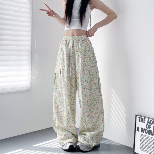 蜜略大码彩绘显瘦阔腿裤梨形身材