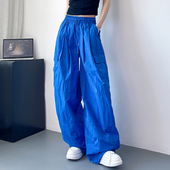 裤 女夏季 薄款 速干工装 蓝色宽松胖mm防晒bf慵懒风冰丝运动阔腿裤 子