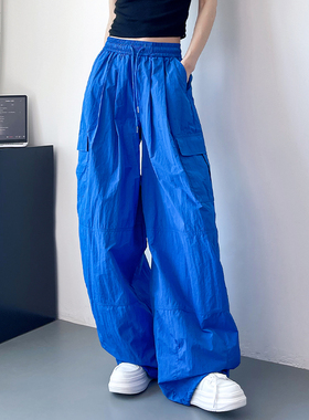 速干工装裤女夏季薄款蓝色宽松胖mm防晒bf慵懒风冰丝运动阔腿裤子