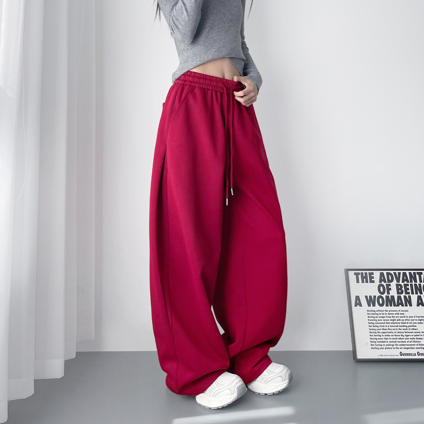 大码红色氛围感压褶阔腿裤女新春爆款胖mm梨形身材显瘦慵懒运动裤,女装/女士精品,大码裤装,淘宝优惠券,粉丝福利购,淘宝优惠卷