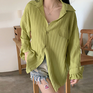 大码遮阳防晒衣女夏季胖mm宽松显瘦长袖竖纹薄款衬衣休闲外套上衣