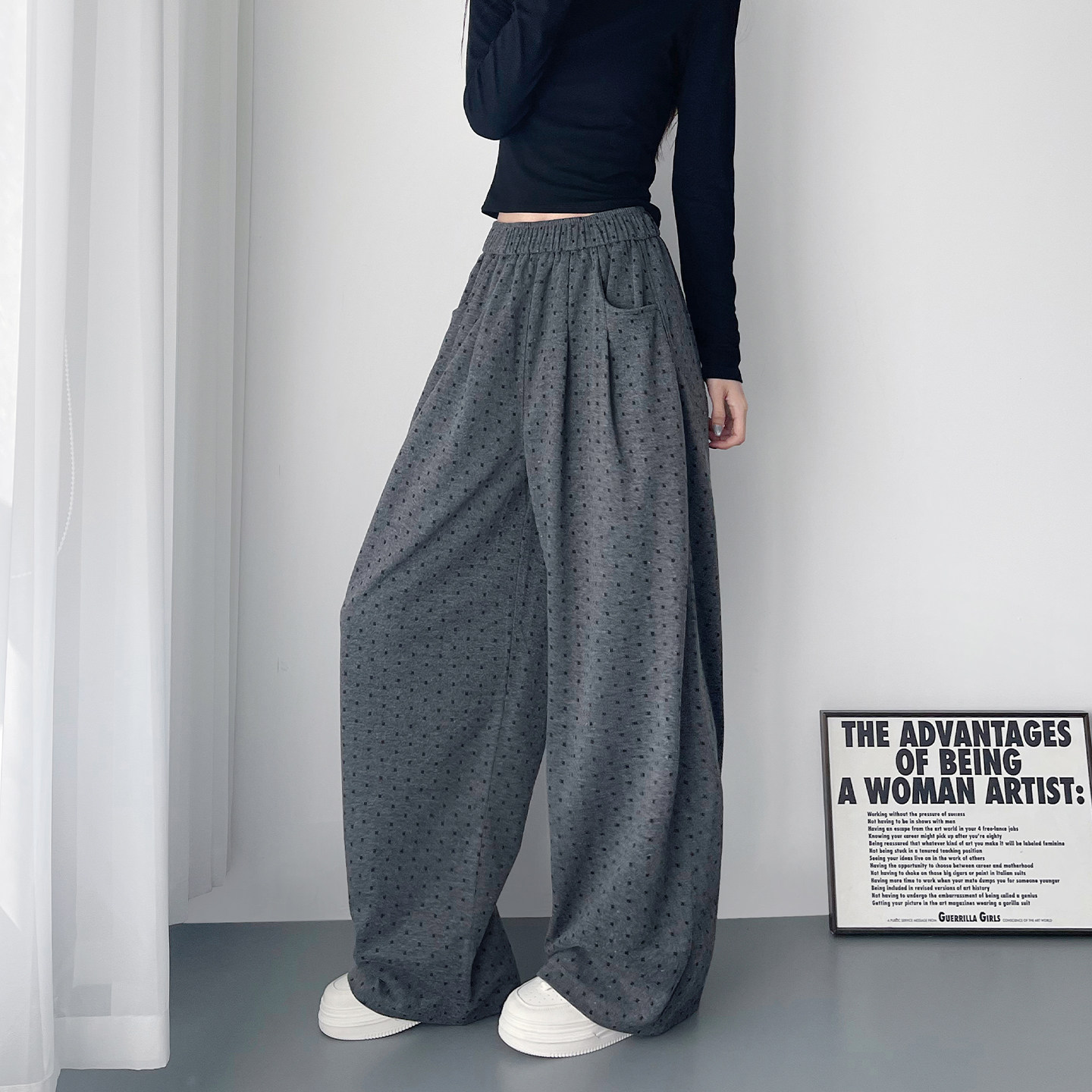 大码高腰显瘦波点阔腿裤印花女春季新款胖mm宽松休闲垂感运动裤子