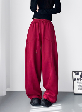 大码红色拽姐酷飒风运动卫裤女冬季胖mm加长高腰显瘦阔腿弯刀裤子