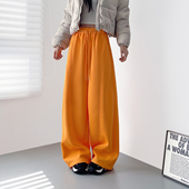 设计感高腰显瘦宽松阔腿裤 冬季 新款 大码 胖mm加绒加厚拼接运动卫裤