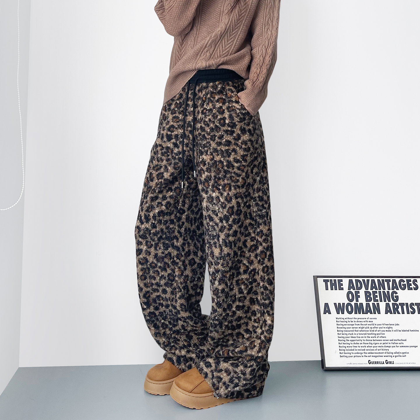 蜜略大码宽松胖MM冬季豹纹阔腿裤