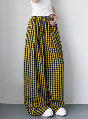 亚麻山本裤女透气大码宽松胖mm显瘦慵懒松弛防晒弯刀格子阔腿裤子