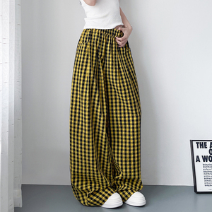 亚麻山本裤女透气大码宽松胖mm显瘦慵懒松弛防晒弯刀格子阔腿裤子