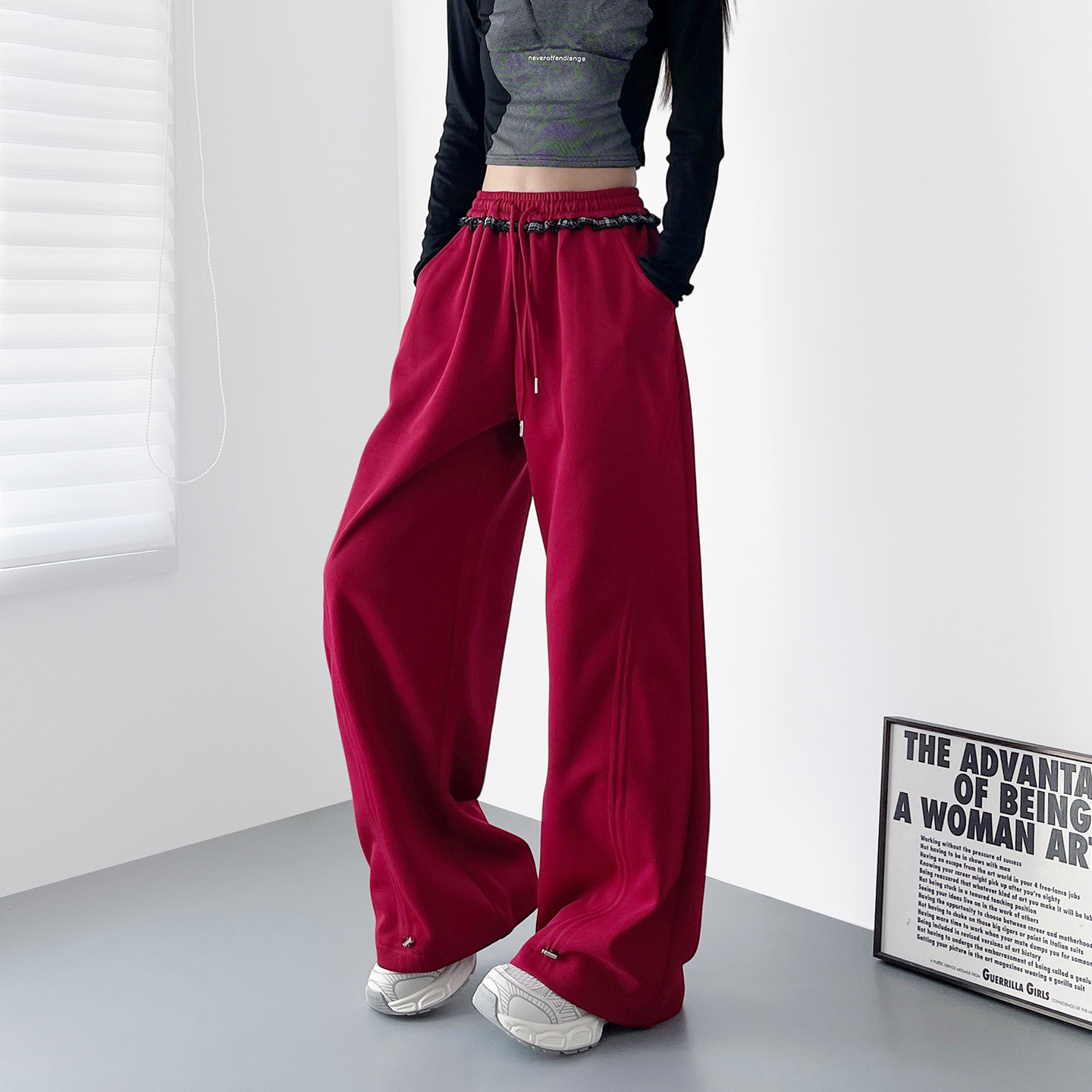 高腰红色格子木耳边阔腿裤女2026春季新款大码胖mm显瘦宽松运动裤,女装/女士精品,大码裤装,淘宝优惠券,粉丝福利购,淘宝优惠卷