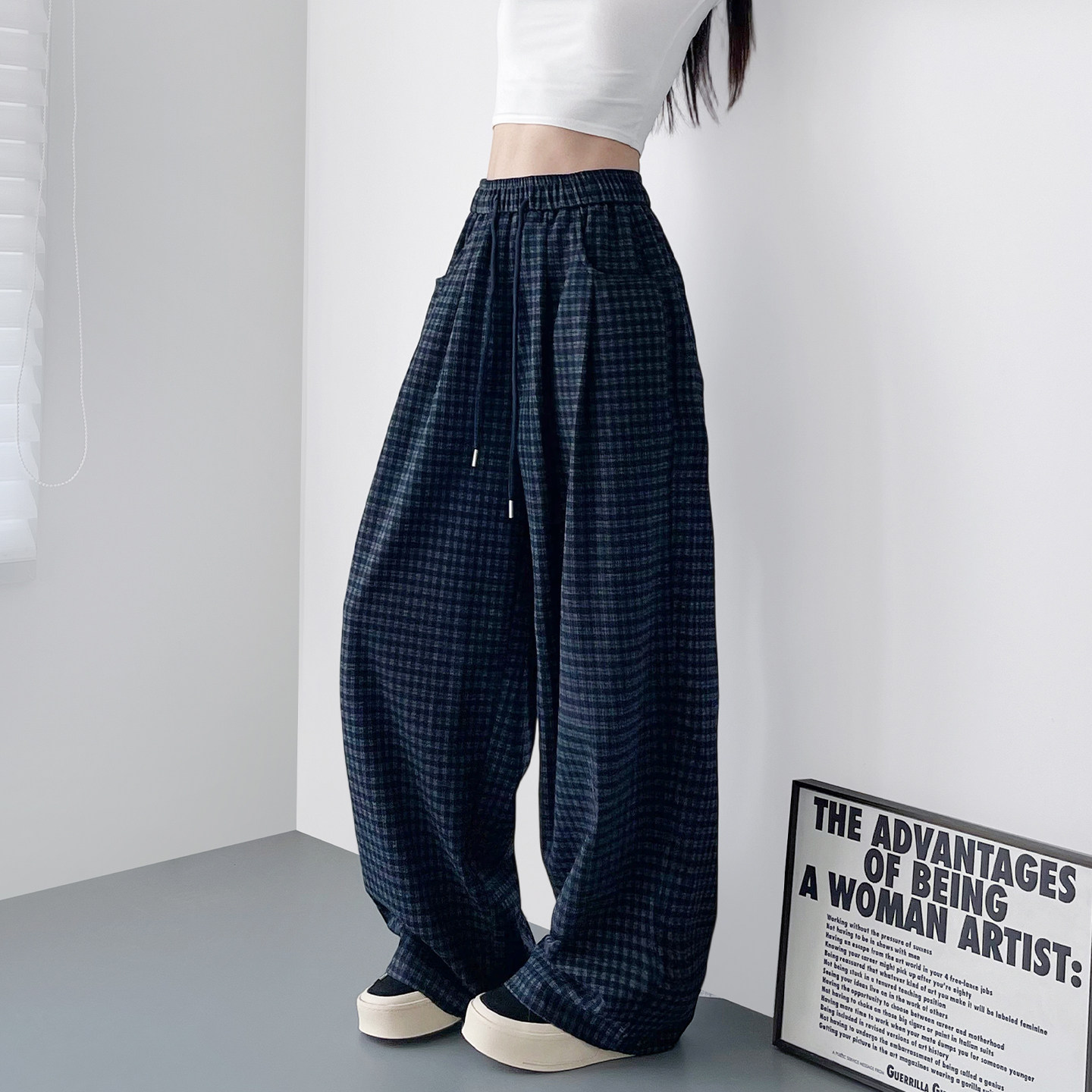春季新款高腰格子慵懒风阔腿裤女大码胖mm宽松显瘦松弛感休闲长裤,女装/女士精品,大码裤装,淘宝优惠券,粉丝福利购,淘宝优惠卷