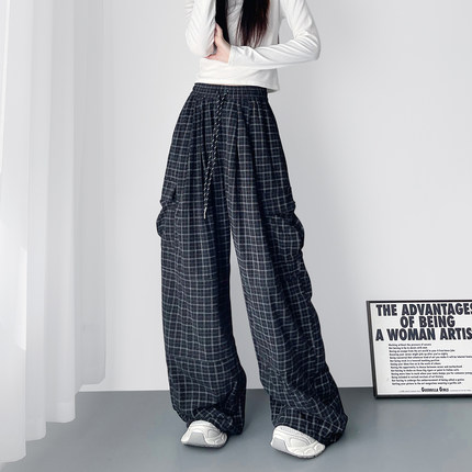 大码慵懒风格子工装裤女2025秋季新款胖mm显瘦梨型松弛感阔腿长裤