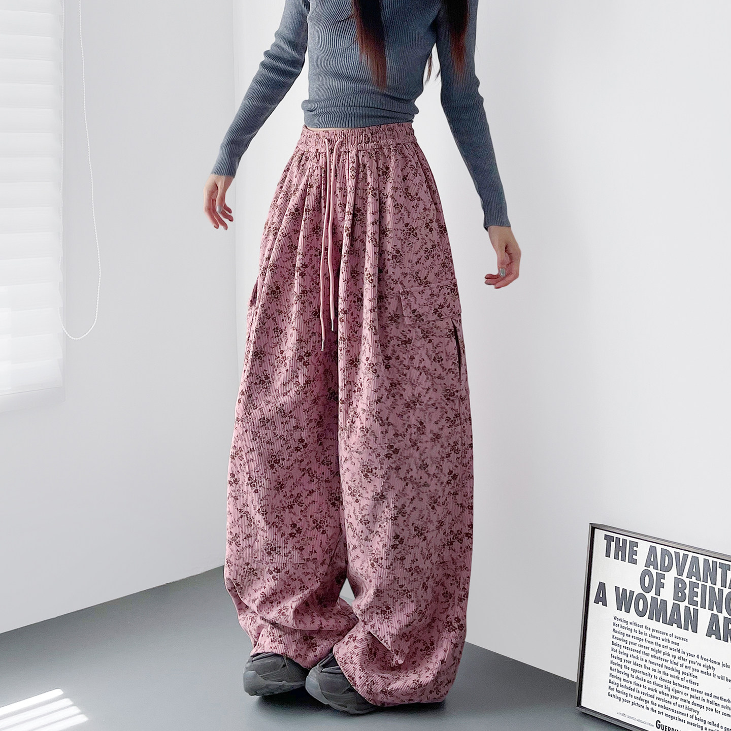 春季新款设计感碎花工装裤女大码胖mm显瘦宽松梨形身材运动阔腿裤,女装/女士精品,大码裤装,淘宝优惠券,粉丝福利购,淘宝优惠卷