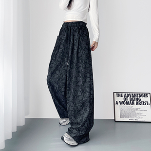 大码个性腰果印花阔腿裤女2026春季新款胖mm显瘦酷飒慵懒风拖地裤